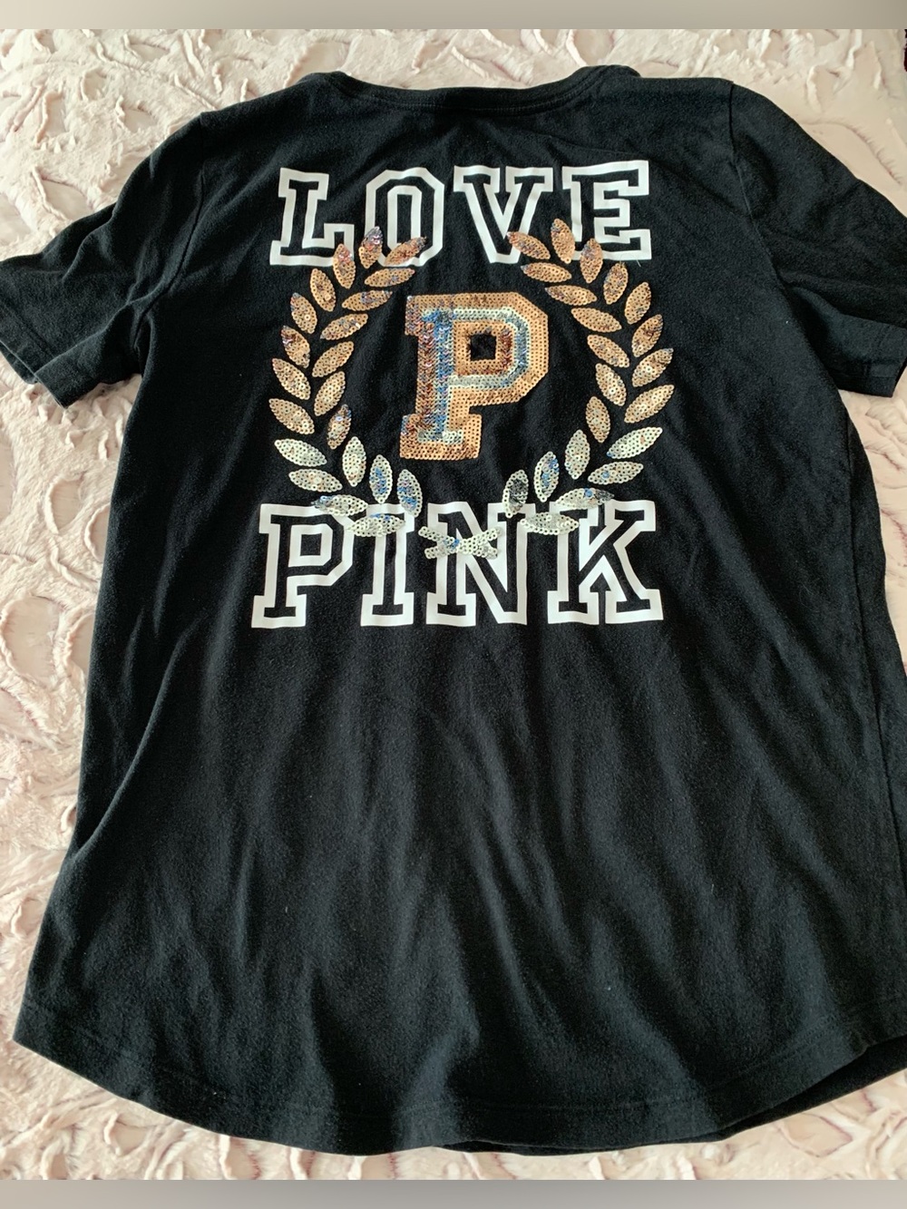 Victorias Secret PINK Gold Camo Bling Sequined Tee T-shirt Black Med